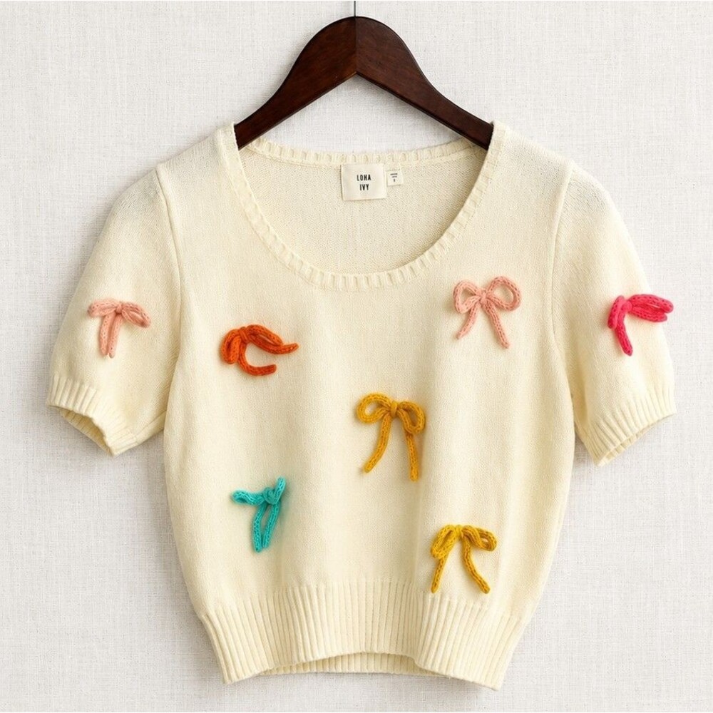 Luna Ivy Cropped Ivory Knit Bow Sweater Short Sleeve Medium